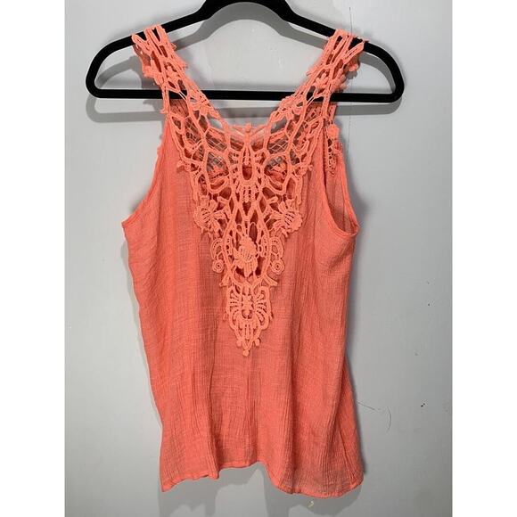 Crochet Lace Coral Sleeveless Top With Boho Design & Textured Fabric - Picture 2 of 3